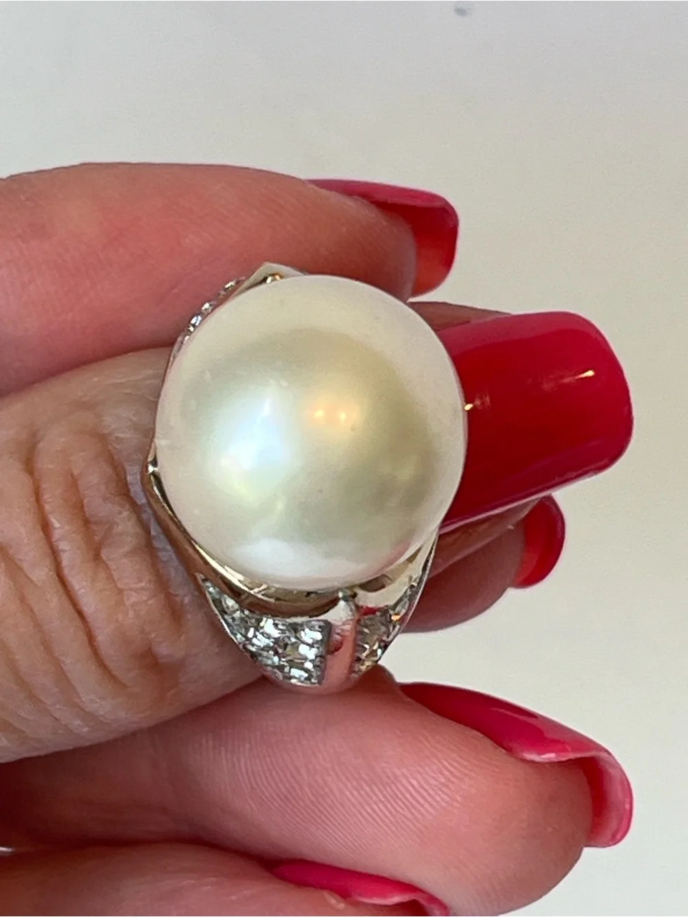 Vintage Panetta Faux Pearl & Crystals Gold Tone Sterling Cocktail Statement Ring